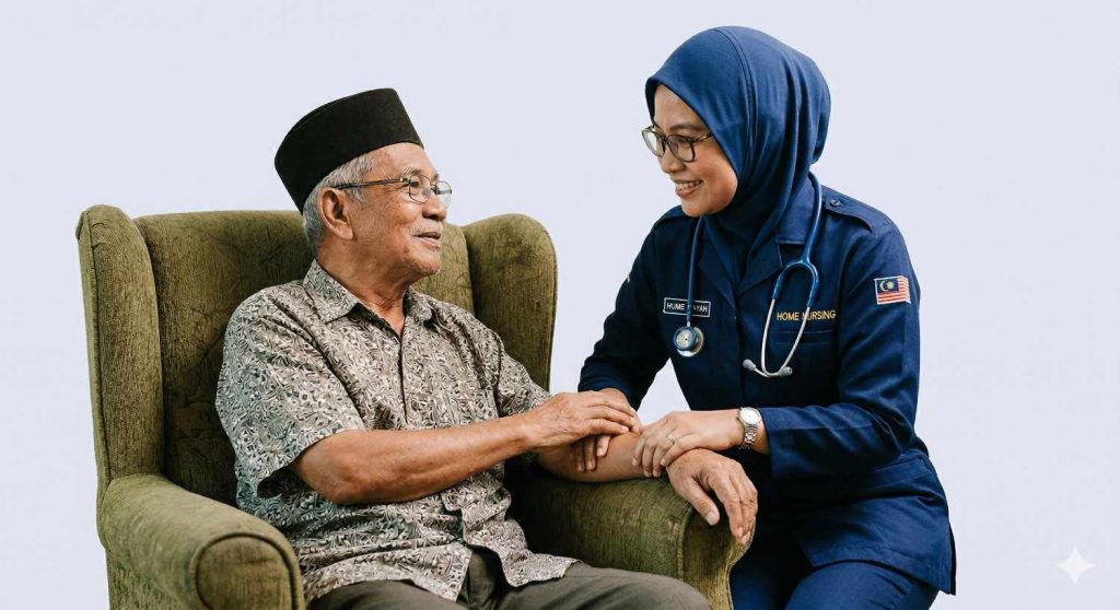 Home care professional attending to an elderly patient