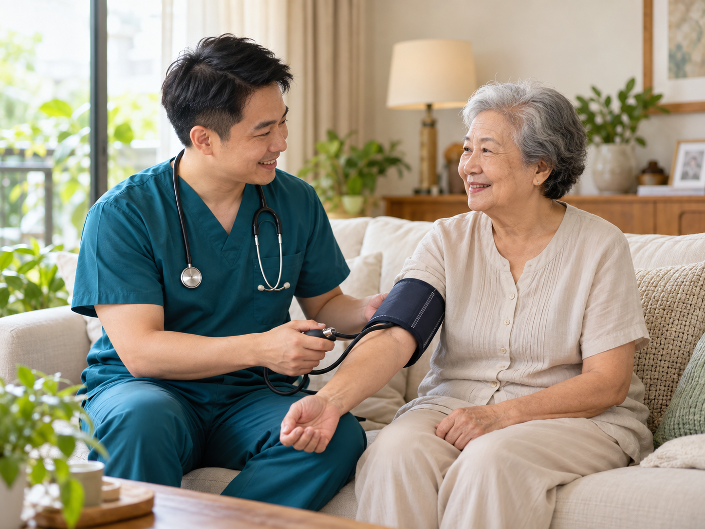 Illustrative image of a Chinese doctor visiting an elderly patient at home